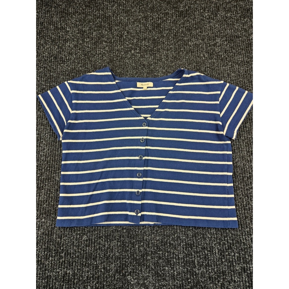 Madewell Womens Navy Blue White Striped Cotton Button Front V-Neck Top Size S